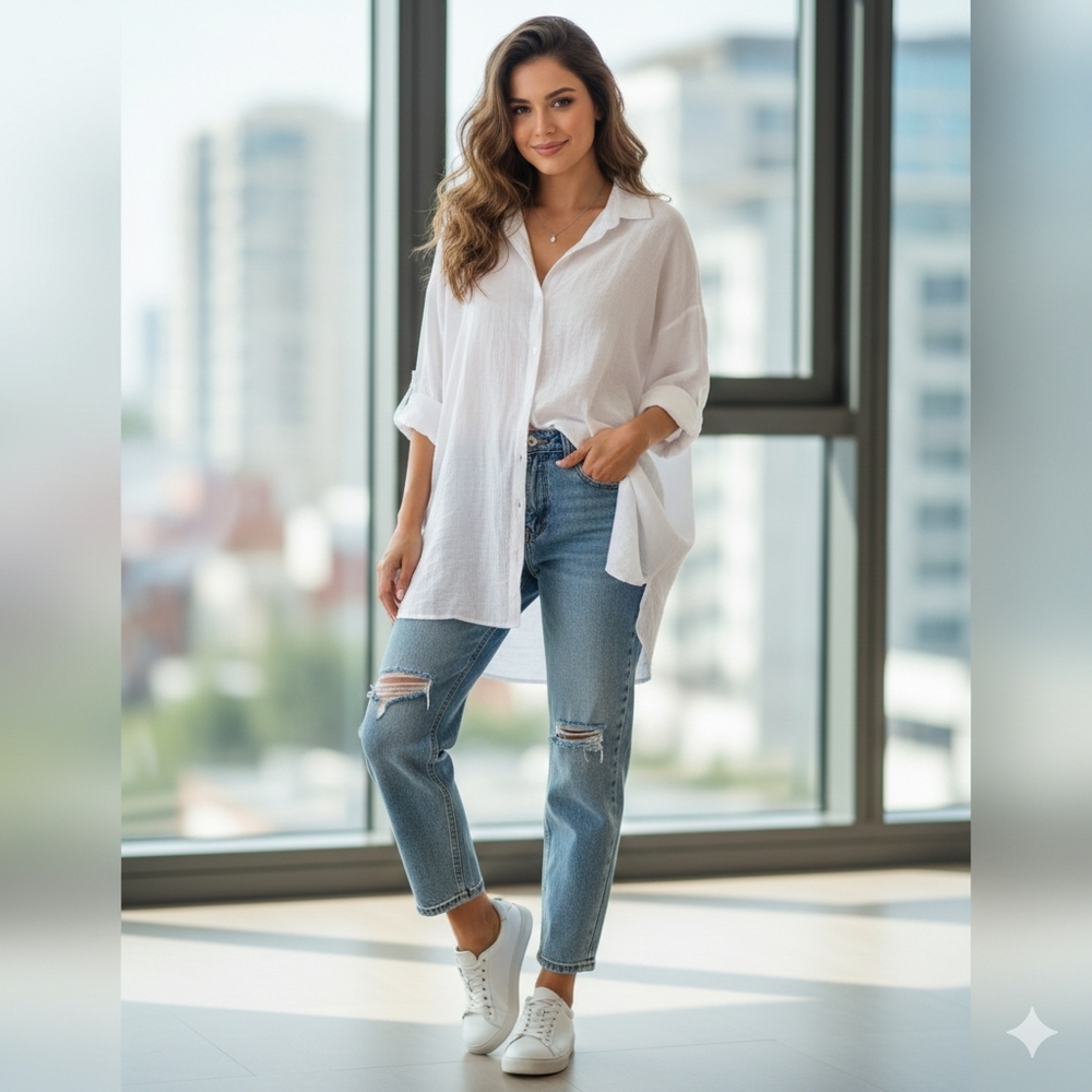 ETERNELLE Oversized Linen-Style Button-Down Women's White Shirt. XL. NWT